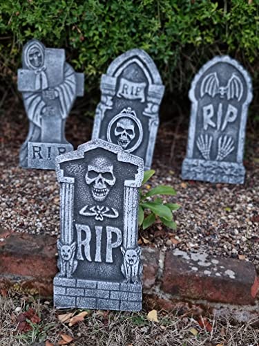 Set of 4 Tombstones Travestone - Grave Headstones Rip Halloween Party Polystyrene Decorations Prop Graveyard