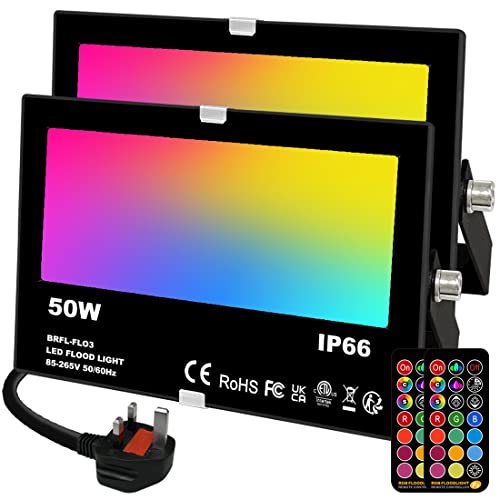 Mobri 50W LED Floodlight Outdoor, Colour Changing Flood Lights with Remote Control, 12 RGB Colours, Timing, 4 Modes, IP66 Waterproof, UK 3-Plug, 2 Pack
