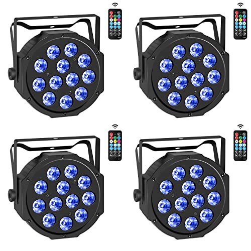 4PCS Stage Light RGBW, 12 LED Par Can Lights with Remote Control, Disco Light DMX via Auto/Sound-Activated for Party DJ Bar Club Wedding Birthday Halloween