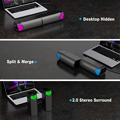 Smalody PC Speaker, 2 in 1 Detachable Computer Speaker Stereo Bluetooth Speakers Dynamic Cool RGB LED Design Compatible with Desktop/Laptop/Smartphone/Projector