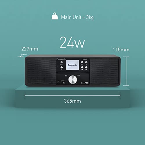 Panasonic SC-DM202EG-K Compact Micro Hi-Fi Stereo System with CD, DAB+/FM Radio, USB and Bluetooth, 24W Speakers, Remote Control, 2.4" TFT LCD Display, EQ Settings, Black.