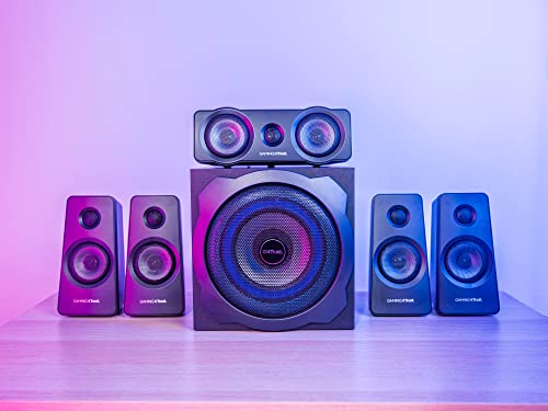 Trust Gaming GXT 658 Tytan 5.1 Surround Sound Speaker System, PC Speakers with Subwoofer, UK Plug, LED Illuminated, 180 W - Black/Blue