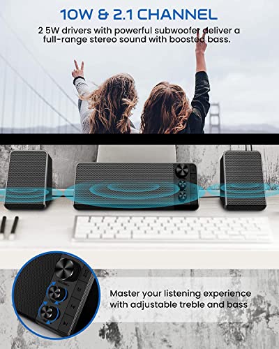 Computer Speakers, USB 2.1 Bluetooth 5.0 Speaker System with 10W Powerful Down-Firing Subwoofer & Far-Field Drivers, Multimedia Speakers Powerful Enhance Bass for Computer PCs and Laptops
