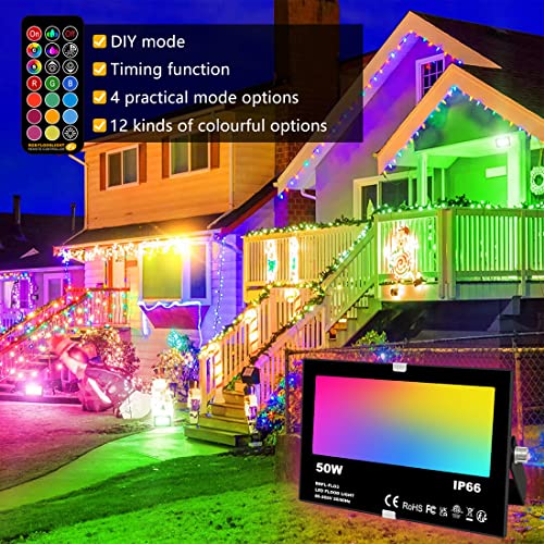Mobri 50W LED Floodlight Outdoor, Colour Changing Flood Lights with Remote Control, 12 RGB Colours, Timing, 4 Modes, IP66 Waterproof, UK 3-Plug, 2 Pack