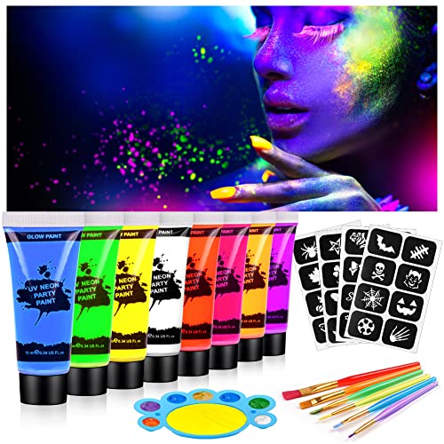 AOOWU Ultraviolet Glow Face Body Paint Set, 8 Colors UV Blacklight Neon Fluorescent Face Paint, Non Toxic Face Painting with Palette and Brush, Club Makeup Art Paint Kit for Adults Kids Party Carnival