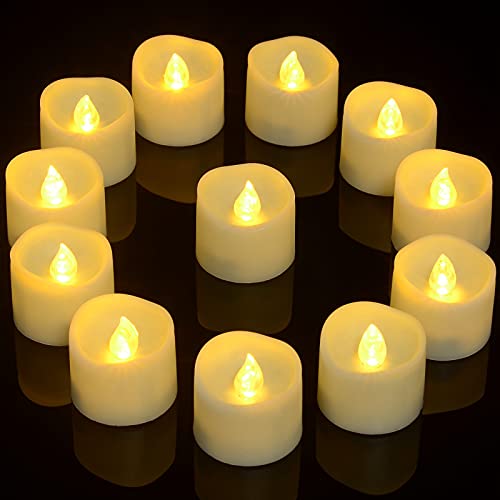 PChero LED Flickering Tea Lights with Timer, 12 Packs Beige Flameless Battery Votive Candles Electric Fake Tealights for Home Party Birthday Halloween Christmas Decoration – Warm White