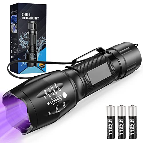 MOWETOO UV Torch LED Torch 2 in 1 Black Light with 4 Modes Waterproof 395nm UV Light Super Bright 500lm for Inspection Pet Urine Detecting Camping Including Accessories 3 AAA Batteries