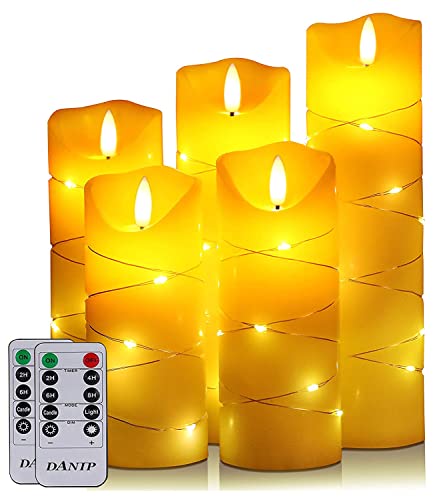 LED Candle, with Embedded Fairy String Lights,5-Piece LED Candle, with 10-Key Remote Control, 24-Hour Timer Function, Dancing Flame, Real Wax, Battery-Powered. (Ivory White)