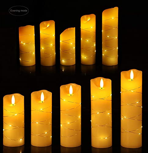 LED Candle, with Embedded Fairy String Lights,5-Piece LED Candle, with 10-Key Remote Control, 24-Hour Timer Function, Dancing Flame, Real Wax, Battery-Powered. (Ivory White)
