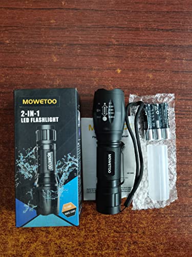 MOWETOO UV Torch LED Torch 2 in 1 Black Light with 4 Modes Waterproof 395nm UV Light Super Bright 500lm for Inspection Pet Urine Detecting Camping Including Accessories 3 AAA Batteries