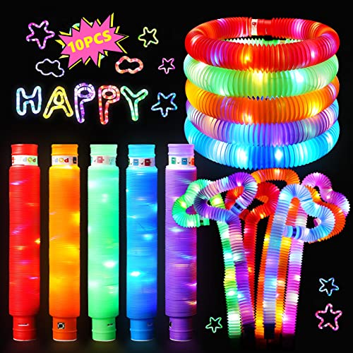 EPCHOO 10 Pack Light Up Pop Tubes Fidget Toy - LED Flashing Pop Tubes Sensory Toys Pack, Fidget Glow Sticks With 3 Flashing Modes for Halloween Party Bags, Autism and Special Needs, Gifts for Kids