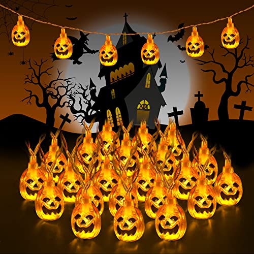 Gritin Halloween String Lights, 3M 20 LED Halloween 3D Pumpkin String Lights Battery Powered, IP65 Waterproof Constantly on/Flashing String Lights for Halloween Decorations,Party,Festival Decoration