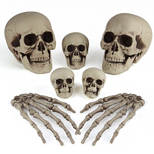 KUUQA 7 Pcs Halloween Bones Decorations Skeleton Skull Heads and Skeleton Hands for Halloween Graveyard Decor Party Supplies