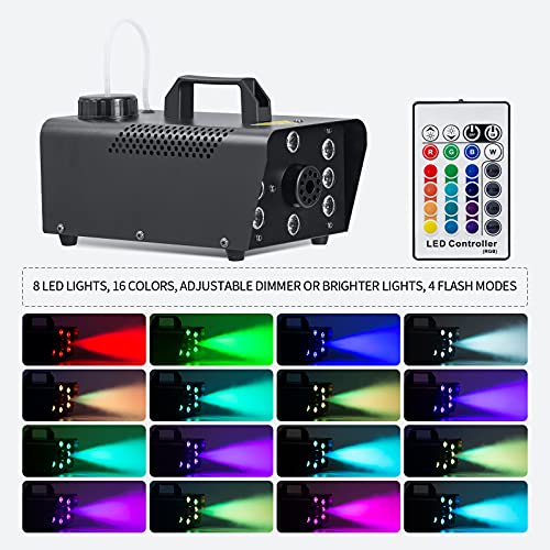 Smoke Machine with Strobe Lights, softeen Upgraded Fog Machine with 8 RGB LED Lights, Supports 16 Colors / 4 Strobe Modes/Dimmer or Brighter, Wired and Wireless Remotes, Perfect for Halloween Party