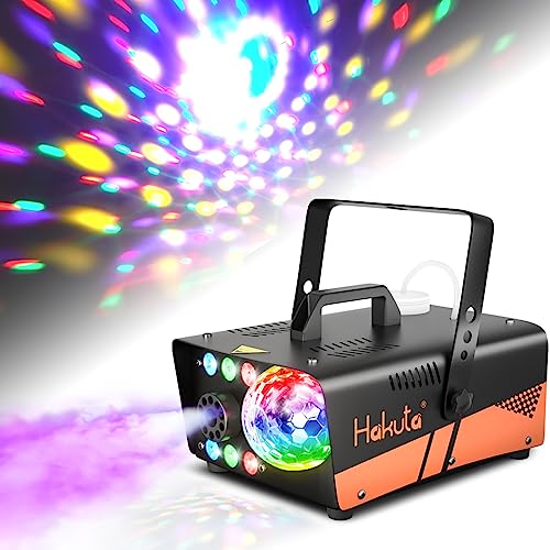 Fog Machine, HAKUTA 600W Smoke Machine with Disco Ball Lights and LED RGB Lights, 2300 CFM Spray with Auto Spray Function, Great for Halloween, Christmas, Wedding, Stage Performance and Parties