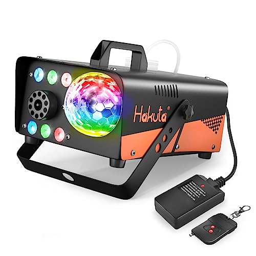 Fog Machine, HAKUTA 600W Smoke Machine with Disco Ball Lights and LED RGB Lights, 2300 CFM Spray with Auto Spray Function, Great for Halloween, Christmas, Wedding, Stage Performance and Parties