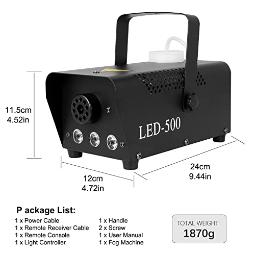 Smoke Machine Mini 500 W with RGB Mixed Colour LED Lights, Fog Machine with Automatico Fog & Radio Remote Controls for Halloween Party Wedding Stage Effect
