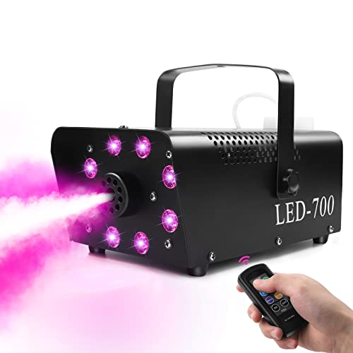 Fog machine 700W mini 8pcs LED RGB smoke machine with wireless remote stage effect machine for 3.5m spray distance within 100M for Party Disco DJ Halloween Bar Birthday