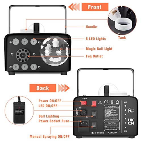 Fog Machine, HAKUTA 600W Smoke Machine with Disco Ball Lights and LED RGB Lights, 2300 CFM Spray with Auto Spray Function, Great for Halloween, Christmas, Wedding, Stage Performance and Parties