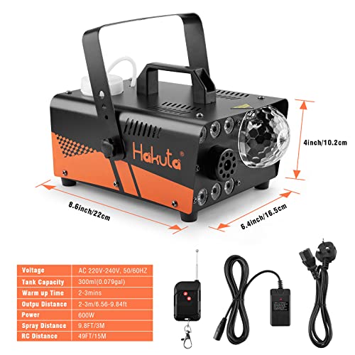 Fog Machine, HAKUTA 600W Smoke Machine with Disco Ball Lights and LED RGB Lights, 2300 CFM Spray with Auto Spray Function, Great for Halloween, Christmas, Wedding, Stage Performance and Parties