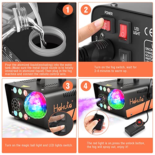 Fog Machine, HAKUTA 600W Smoke Machine with Disco Ball Lights and LED RGB Lights, 2300 CFM Spray with Auto Spray Function, Great for Halloween, Christmas, Wedding, Stage Performance and Parties