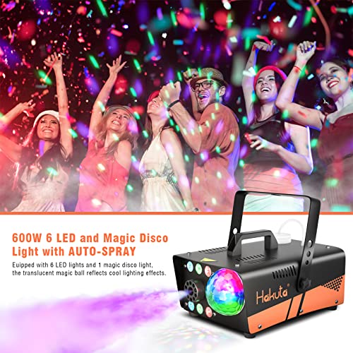 Fog Machine, HAKUTA 600W Smoke Machine with Disco Ball Lights and LED RGB Lights, 2300 CFM Spray with Auto Spray Function, Great for Halloween, Christmas, Wedding, Stage Performance and Parties