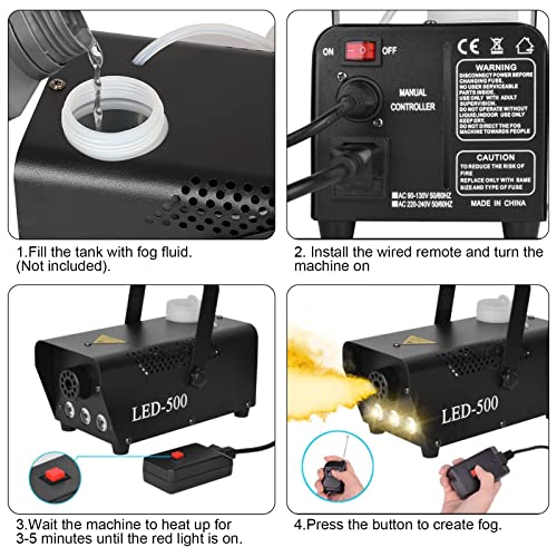 Fog Smoke Machines with LED Lights for Party, Portable Mini Smoke Disco Machine 500W with Wireless Remote Control, Halloween Haze Machine