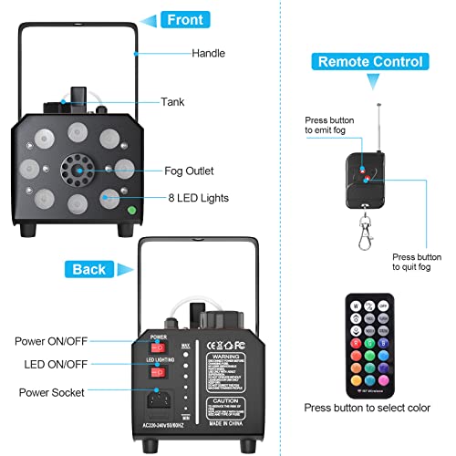 Fog Machine, Hakuta 500W Rainproof Smoke Machine with 2300 CFM Output of Fog and 2 Remotes, 8 LED Lights with Fade, Flash, Smooth and Strobe Effect for Party, Wedding, Halloween and DJ Stage