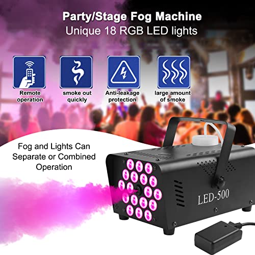Smoke Machines Fog Machine with 18 LED Party Lights, 500W Mini Home Disco Smoke Machine Colors Strobe Effect Automatico Fog&Wireless Remote for Halloween, Christmas, Wedding, Birthday ect.