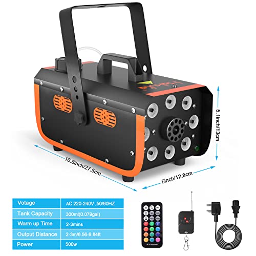 Fog Machine, Hakuta 500W Rainproof Smoke Machine with 2300 CFM Output of Fog and 2 Remotes, 8 LED Lights with Fade, Flash, Smooth and Strobe Effect for Party, Wedding, Halloween and DJ Stage