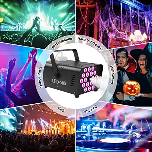 Smoke Machines Fog Machine with 18 LED Party Lights, 500W Mini Home Disco Smoke Machine Colors Strobe Effect Automatico Fog&Wireless Remote for Halloween, Christmas, Wedding, Birthday ect.
