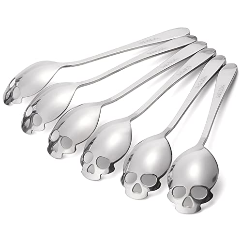 FOXAS 6-inch Skull Spoons, 6 Pack Skull Suger Teaspoons, 16cm Stainless Steel Coffee Tea Stirring Spoons, Cool Dark Rock Design Cutlery for Halloween Party, Bon Appétit Series