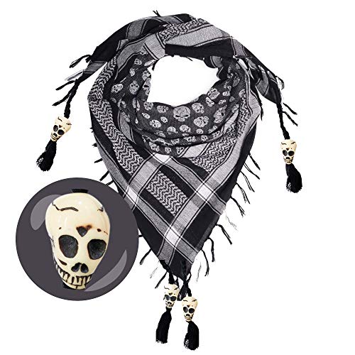 Skull Scarf for Men & Women - Shemagh Black & White Cotton Square Neck Scarves - Desert Palestinian Tactical Scarf Bandana - Halloween Pirate Head Wrap With Skulls - Goth Gifts & Gothic Accessories