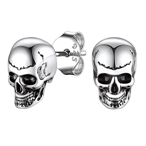 Suplight 925 Sterling Silver Skull Earrings Halloween Jewelry Dainty Punk Skeleton Skull Stud Earrings for Women Men