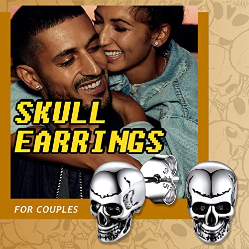 Suplight 925 Sterling Silver Skull Earrings Halloween Jewelry Dainty Punk Skeleton Skull Stud Earrings for Women Men