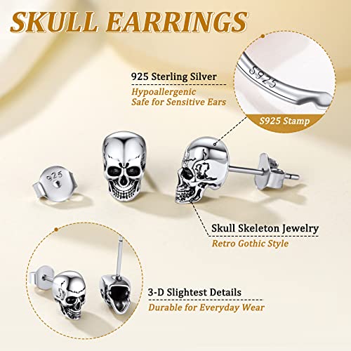 Suplight 925 Sterling Silver Skull Earrings Halloween Jewelry Dainty Punk Skeleton Skull Stud Earrings for Women Men