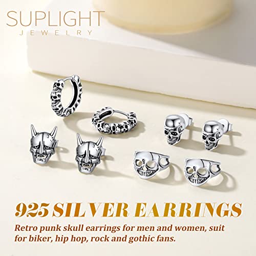 Suplight 925 Sterling Silver Skull Earrings Halloween Jewelry Dainty Punk Skeleton Skull Stud Earrings for Women Men