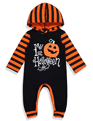 Halloween Baby Boy Girl Outfit My First Halloween Pumpkin Hoodie Romper Bodysuit One-Piece Jumpsuit, 0-3 months, Orange Stripe