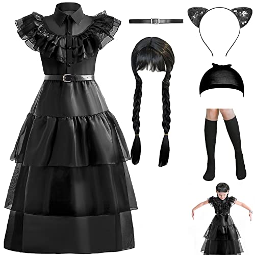 keaiyouhuo Wednesday Addams Costumes Dress for Kids Girls Family Merchandise Fancy Dress Up Cosplay Halloween Party Outfit with Wig 4-14 Years