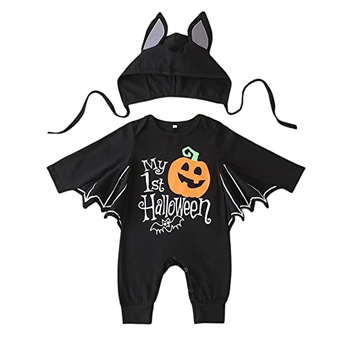 PythJooh Baby Boy Girl My 1st Halloween Outfits Unisex Baby One-piece Long Sleeve Bat Romper Jumpsuit with Hat Costumes Set for 0-18Months