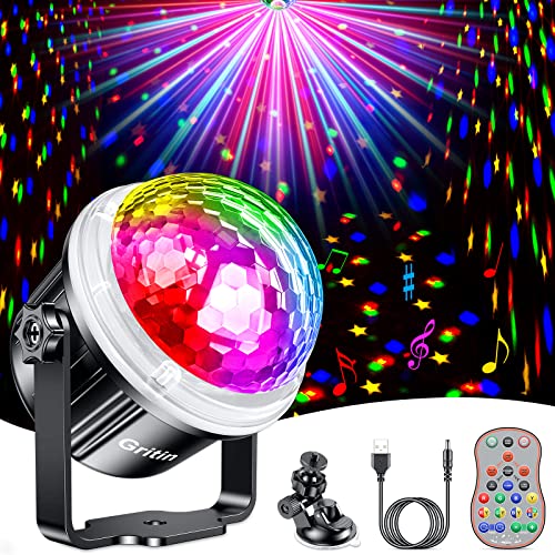 Disco Lights, Gritin 360°Rotation Music Activated Disco Ball Lights with 4M/13ft USB Cable & Remote Control - [ Dynamic Star Pattern Effect ] 3W RGBY Party Lights for Kids Birthday,Home Gathering,etc