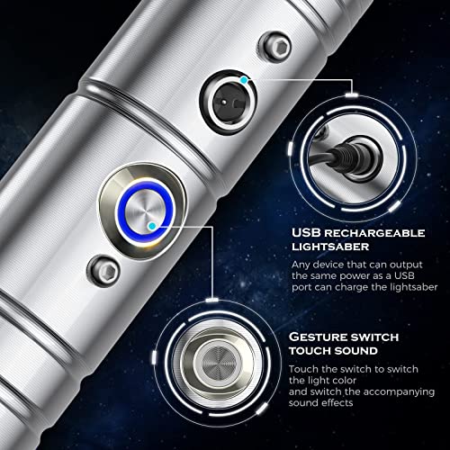 Lischwert 2Pack LightSaber,Connectable 2-in-1 Dueling Metal Light Sabers Changeable 7 RGB Color 3 Modle Voices,Smooth Swing & Fight Sound Effects, Gift Party Favors&Kids Fancy Dress（Sliver）