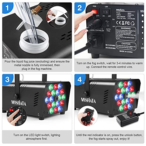 MOSFiATA Fog Machine with 18 RGB LED Lights Effect, 600W Smoke Machine, 2300CFM Fog with 1 Wire Receiver and 2 Wireless Remote Controls, Perfect for Wedding, Halloween, Party and Stage Effect