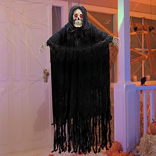 152cm Animated Hanging Grim Reaper with Chain and creepy sound, Halloween Skeleton Ghost Decorations for Haunted House Prop Decor, Outdoor/Indoor, Lawn Decorations