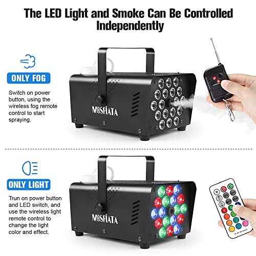 MOSFiATA Fog Machine with 18 RGB LED Lights Effect, 600W Smoke Machine, 2300CFM Fog with 1 Wire Receiver and 2 Wireless Remote Controls, Perfect for Wedding, Halloween, Party and Stage Effect