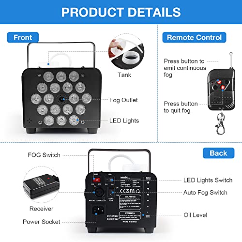 MOSFiATA Fog Machine with 18 RGB LED Lights Effect, 600W Smoke Machine, 2300CFM Fog with 1 Wire Receiver and 2 Wireless Remote Controls, Perfect for Wedding, Halloween, Party and Stage Effect