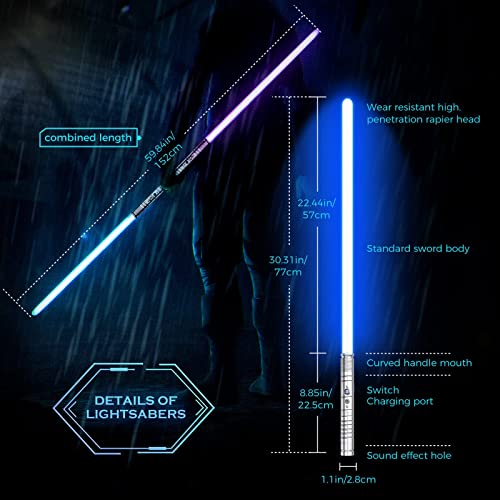 Lischwert 2Pack LightSaber,Connectable 2-in-1 Dueling Metal Light Sabers Changeable 7 RGB Color 3 Modle Voices,Smooth Swing & Fight Sound Effects, Gift Party Favors&Kids Fancy Dress（Sliver）