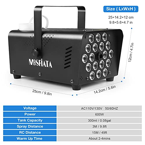 MOSFiATA Fog Machine with 18 RGB LED Lights Effect, 600W Smoke Machine, 2300CFM Fog with 1 Wire Receiver and 2 Wireless Remote Controls, Perfect for Wedding, Halloween, Party and Stage Effect