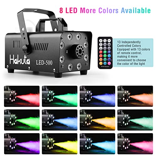 Fog Machine, HAKUTA Automatic Spray Smoke Machine with 8 LED Lights and 13 Colorful LED Lighting Effects,500W and 2000CFM Fog LED Fog Machine,Perfect for Wedding,Christmas,Halloween and DJ Performance