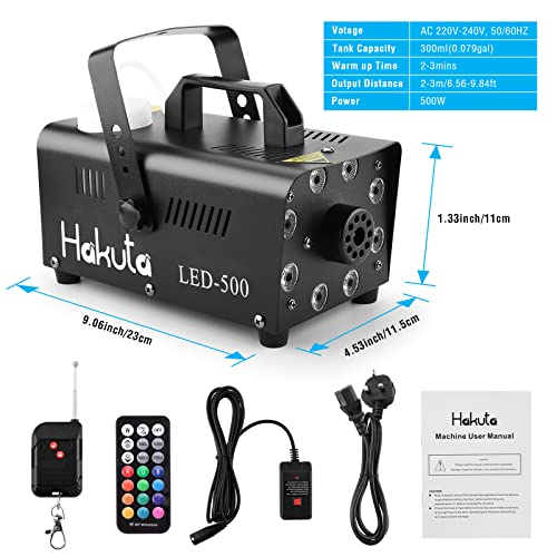 Fog Machine, HAKUTA Automatic Spray Smoke Machine with 8 LED Lights and 13 Colorful LED Lighting Effects,500W and 2000CFM Fog LED Fog Machine,Perfect for Wedding,Christmas,Halloween and DJ Performance